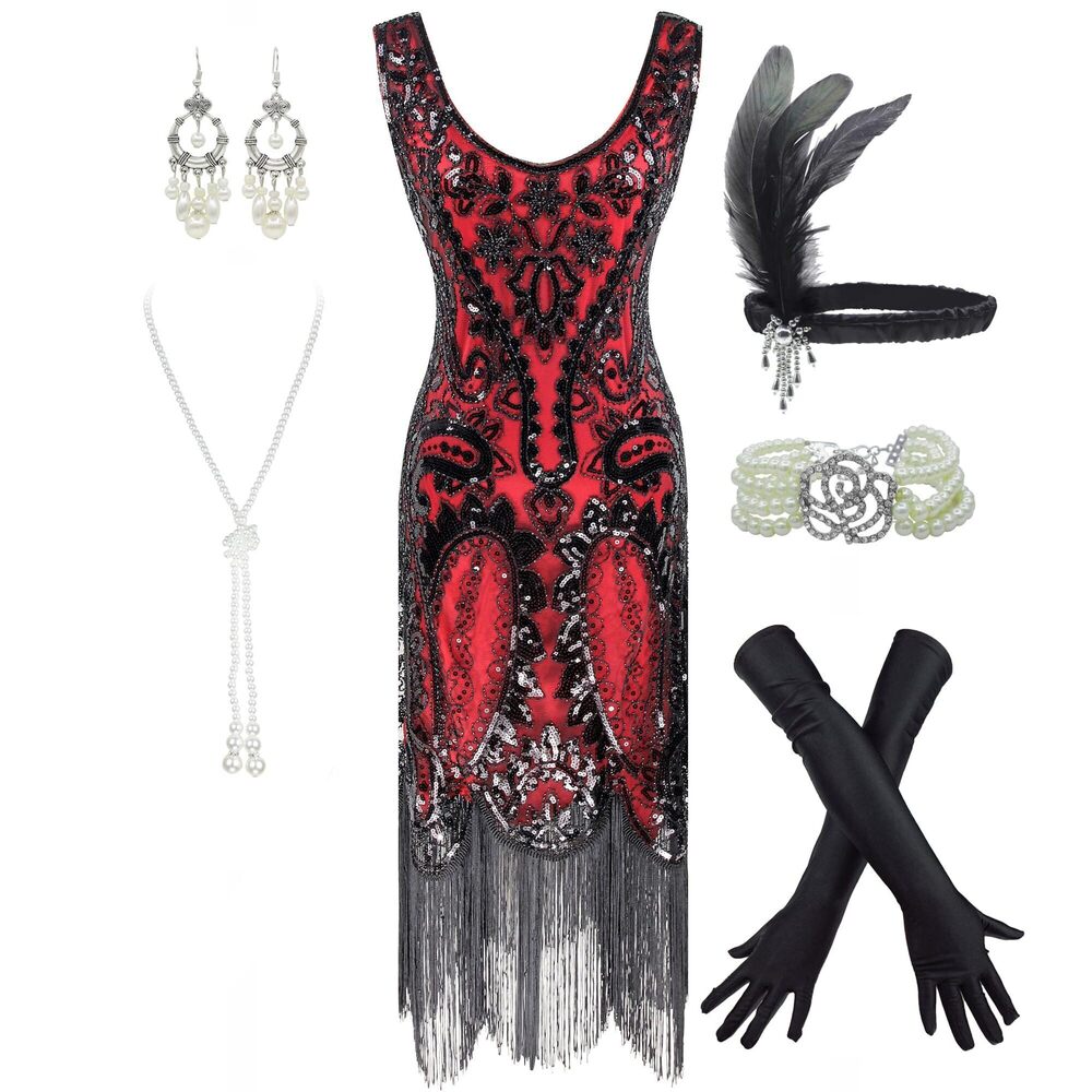 1214 Women's 1920s Flapper Fringe Beaded Great Gatsby Party